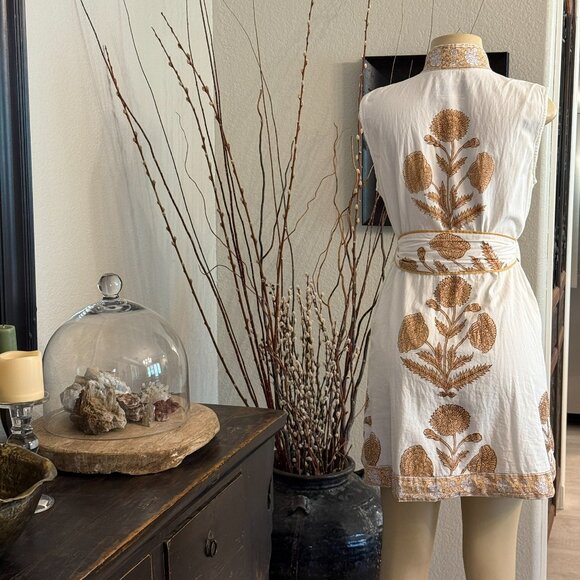 SUE SARTOR Hand Made Block Printed Brown&Cream Floral&Vines FLOUNCE DR. - Picture 5 of 12